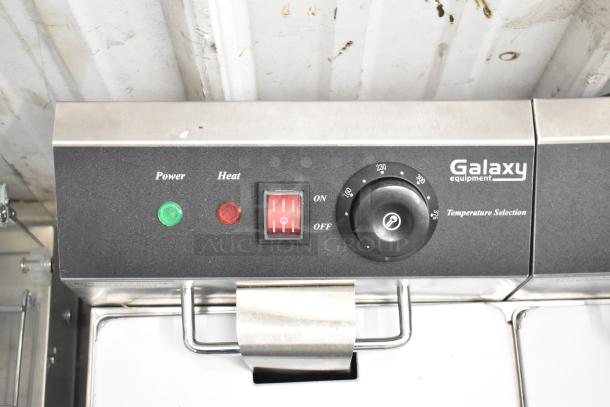 Galaxy 177EF20E electric fryer control panel, featuring power and heat indicators, red on/off switch, and temperature dial.