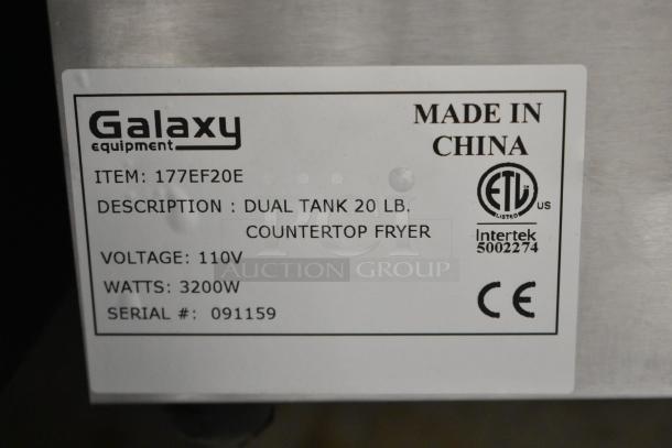 Brand new Galaxy 177EF20E 20 lb. dual tank electric countertop fryer label. Features 2 fry baskets, 2 lids, 110V, 3200W.