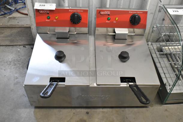 Brand new 2024 Avantco 177F102 stainless steel dual tank electric fryer, 20 lb capacity, includes 2 fry baskets and lids.