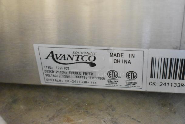 Label on Avantco 177F102 stainless steel dual tank fryer, 120V, 1750W, with serial number, ETL certification, made in China.