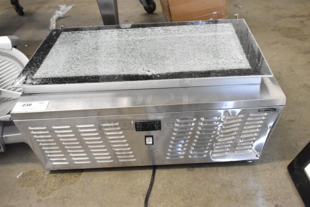 KoolMore KM-CGD-8HP stainless steel ice cream display case with broken glass sneeze guard, includes 4 pans. 110-120V, 1 Phase.