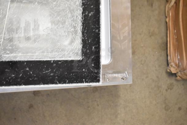 KoolMore KM-CGD-8HP ice cream display case; stainless steel, 4 pans, glass sneeze guard with visible broken glass.