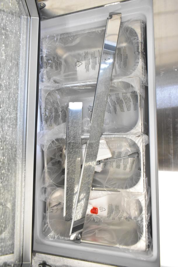 BRAND NEW SCRATCH AND DENT KoolMore KM-CGD-8HP stainless steel ice cream display case with 4 pans, including broken glass.