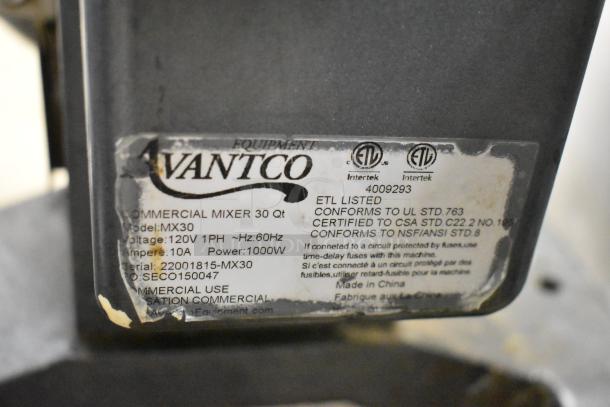 Avantco MX30 Commercial Mixer label, 120V, 1 Phase, 10A, 1000W. ETL listed, model MX30, serial 22001815-MX30.