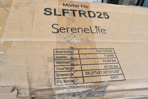 Cardboard box of SereneLife SLFTRD25 treadmill. Labeled info: 74.96 lbs net weight, 58.27"x27.95"x11.02" dimensions.