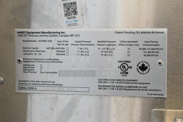 Hardt Inferno 4500 Gas Rotisserie Oven label, showing model details, gas type, electrical specs, and certification marks.