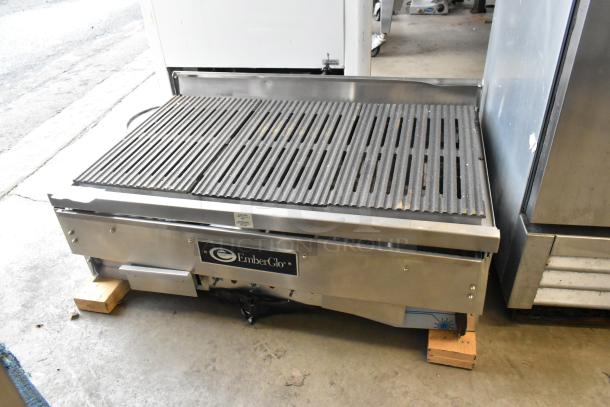 EmberGlo E2424 stainless steel commercial electric charbroiler grill, featuring a countertop design. Appears in fair condition.
