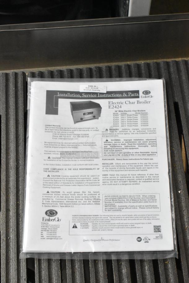 EmberGlo E2424 charbroiler grill instructions on grate. Includes model details and warranty info.