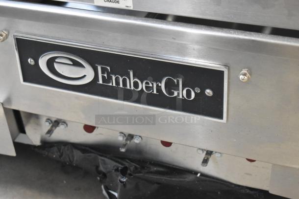 EmberGlo E2424 stainless steel commercial countertop charbroiler grill, electric-powered, featuring brand logo plate.
