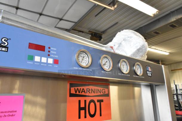 Douglas Stainless Steel Commercial Pot and Pan Washer, front control panel with gauges and "Warning Hot" label, Made in USA.