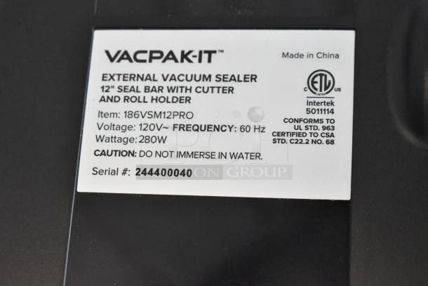 Vacpak-it 186VSM12PRO vacuum sealer label, shows 12" seal bar, cutter, roll holder, 120V, 280W, caution not to immerse in water.