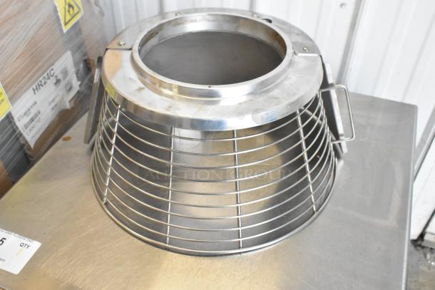 Metal commercial mixing bowl guard, stainless steel, cylindrical design with wire grid and latching mechanism, excellent condition.