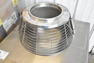 Metal commercial mixing bowl guard, stainless steel, cylindrical design with wire grid and latching mechanism, excellent condition.