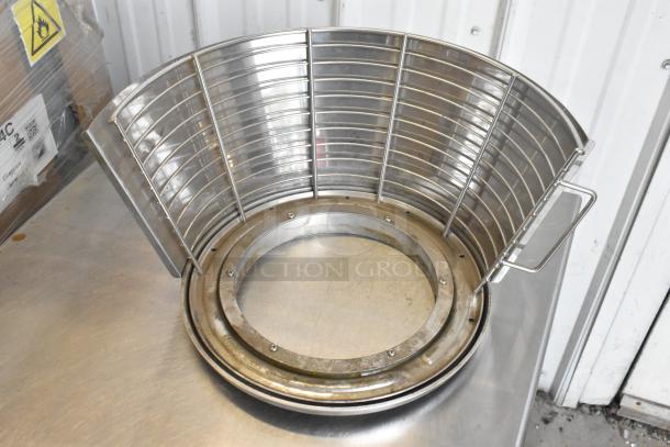 Metal commercial mixing bowl guard, stainless steel, circular design, safety barrier, good condition. Handle on side.