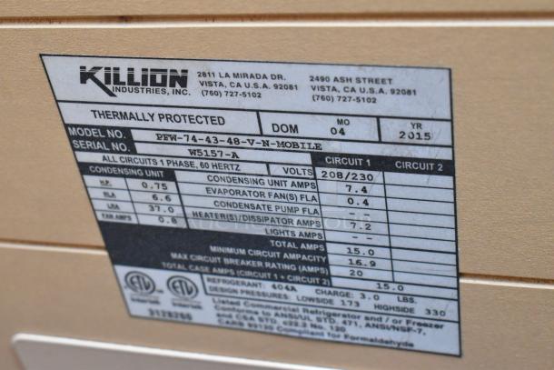 Killion PFW-74-43-48-V-N-MOBILE label showing model details, voltage, phase, and serial number W5157-A.