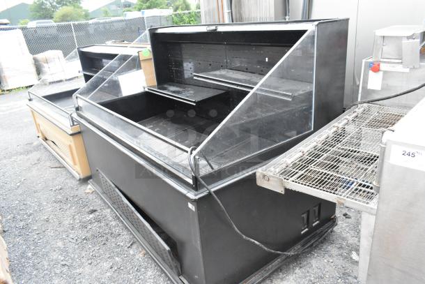 Metal commercial open Grab N Go merchandiser, 208/230 volts, 1 phase. Features dual glass panels, visible wear.