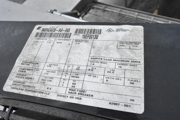 Copeland M4FHCA036-IAA-045 compressor label, 115/208-230V, 1 phase, model and serial number details visible.