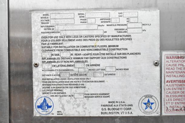 Blodgett MT3855G-G oven label, showing model, natural gas use, 150,000 BTU, clearance info. Made in USA by G.S. Blodgett Corp.