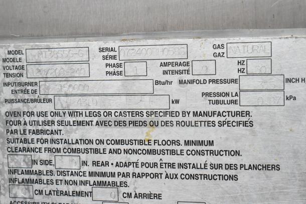 Blodgett MT3855G-G conveyor oven label detailing model, serial, natural gas usage, and 150,000 BTU power specs.