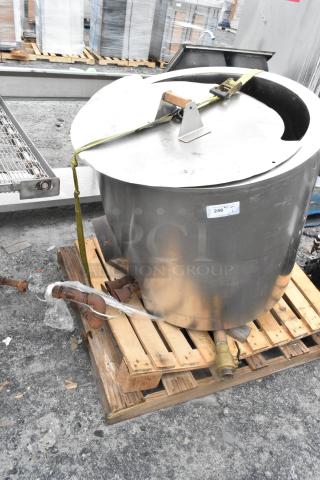 Stainless steel bagel kettle on pallet, used condition, attached piping, labeled "246".
