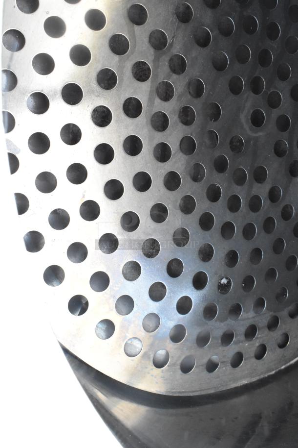 Stainless steel bagel kettle with perforated design, used for boiling bagels. Features durable metal construction.