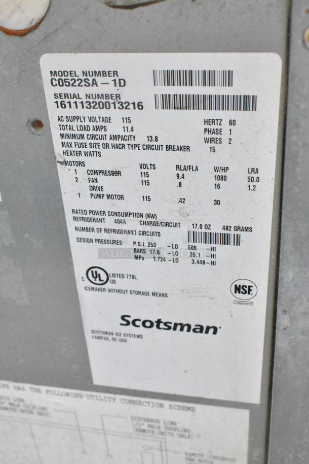 2016 Scotsman C0522SA-1D Ice Head, stainless steel, 115 volts, 1 phase. Label shows power specs, NSF and UL listed.