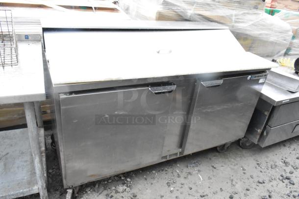 Beverage Air SPE60-16 stainless steel sandwich salad prep table with Bain Marie top; on casters; 115V, 1-phase.