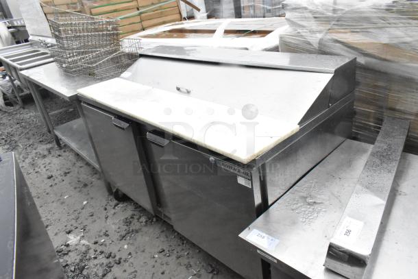 Beverage Air SPE60-16 stainless steel commercial sandwich prep table, bain marie top, on casters, 115V, good condition.
