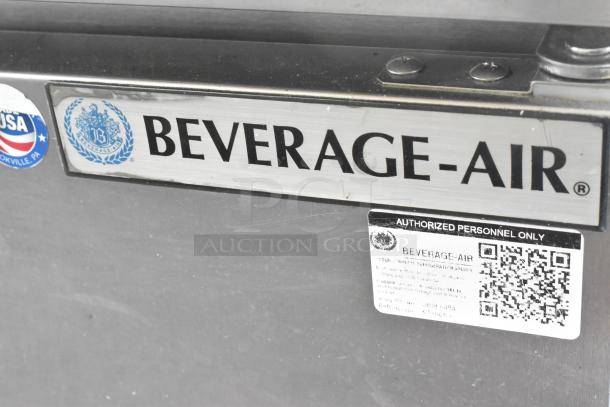 Beverage Air SPE60-16 stainless steel prep table, commercial grade, on casters, 115V, 1 Phase. Logo and label visible.
