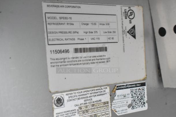 Beverage Air SPE60-16 stainless steel prep table, R134a refrigerant, 115V, 1 phase. Features ID and warranty labels.