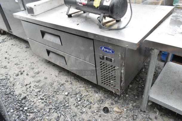 Atosa stainless steel 2-drawer chef base on casters, 115 volts, 1 phase, with visible logo, in used condition.