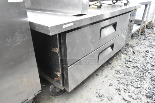 Atosa stainless steel 2-drawer chef base on commercial casters, 115 volts, 1 phase, visible wear, suitable for commercial use.
