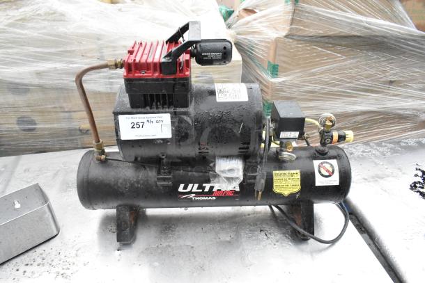 Thomas T-35HD M Ultra Air Pac Air Compressor, 115V, 1 Phase. Used condition with visible wear. Labels confirm model and electrical specs.