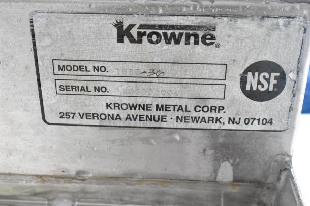 Krowne 1880-36 stainless steel ice bin, NSF certified, model and serial numbers visible, made by Krowne Metal Corp.