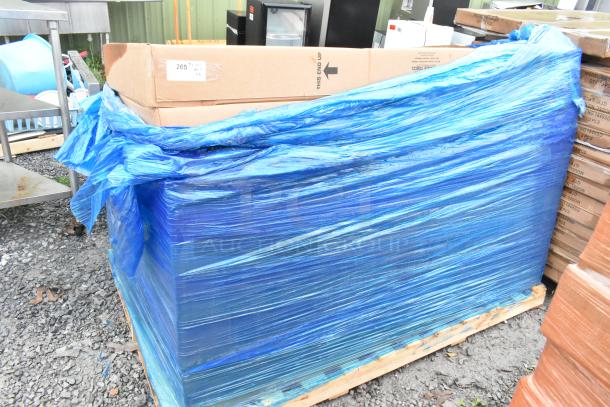 9 new Advance Tabco TMS-306, 72" work tables in packaging, stainless steel, 16 gauge, visible label indicates "this end up."