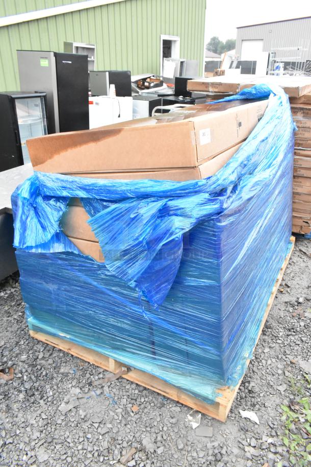 Nine new Advance Tabco TMS-306 72" work tables, 16 ga 304 stainless, scratch and dent condition, pallet-wrapped.