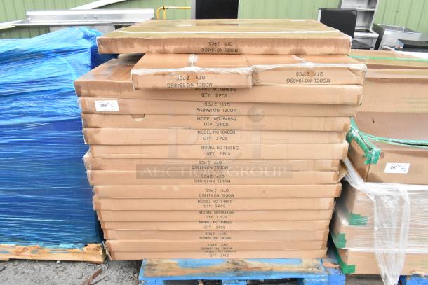 32 boxes of Quantum Storage galvanized steel shelves, model 1848SG, new scratch and dent condition, 2 shelves per box.