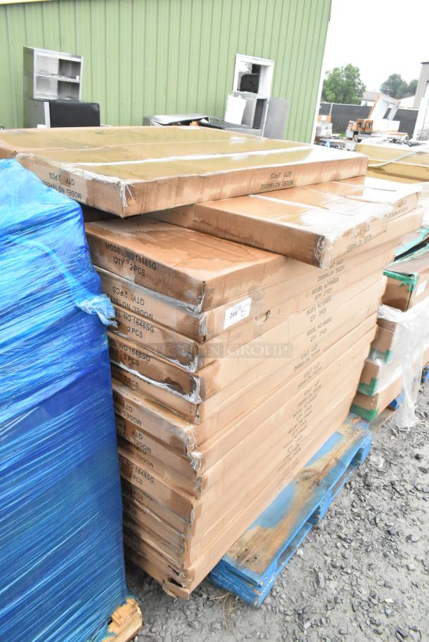 32 boxes of Quantum Storage 1848SG galvanized steel shelves, scratch and dent condition, each containing 2 shelves.