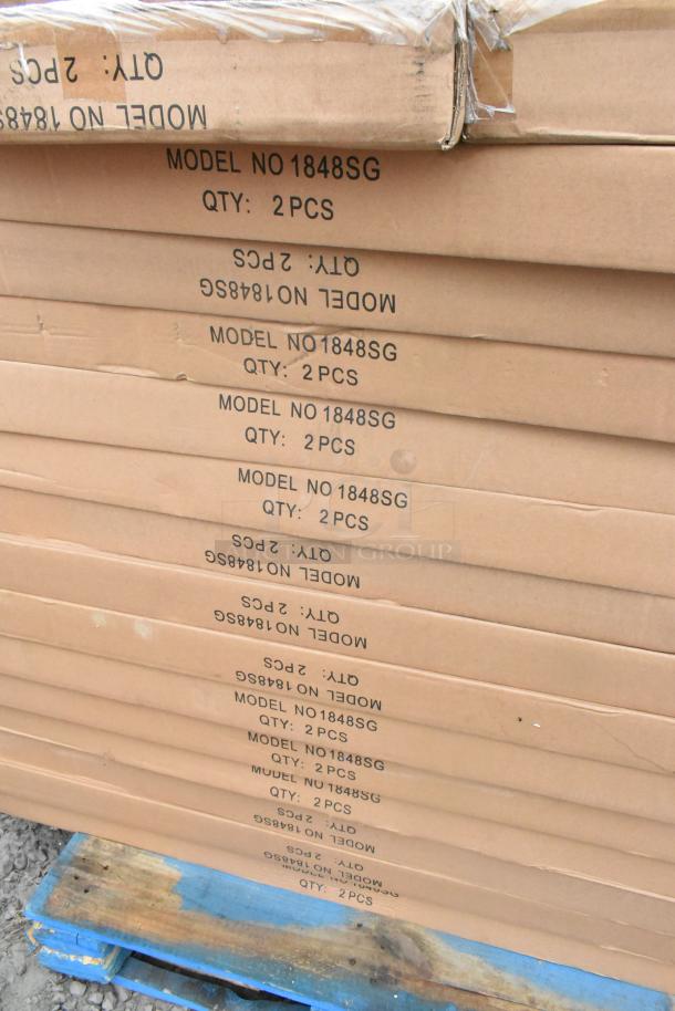 Stack of boxes labeled "Model No 1848SG, Qty: 2PCS" containing Quantum Storage galvanized steel shelves, scratch and dent condition.
