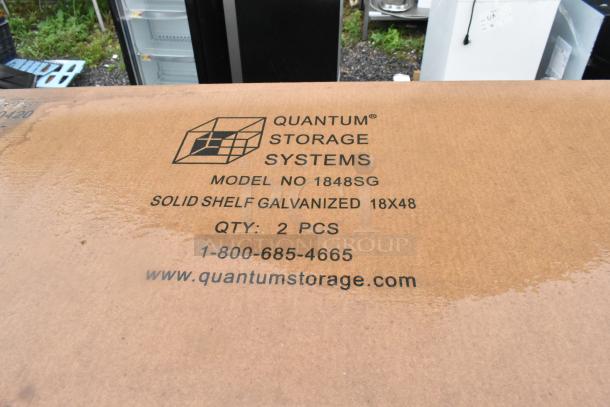 32 new boxes of Quantum Storage 1848SG galvanized steel shelves, scratch and dent. Each box contains 2 shelves, size 18x48.