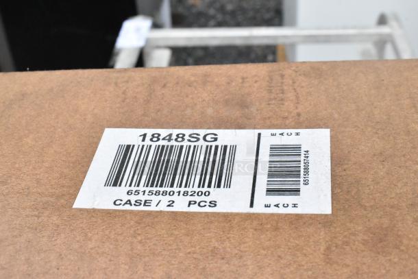 32 new boxes of Quantum Storage Galvanized Steel Solid Shelf 1848SG, marked "CASE / 2 PCS," evident scratches and dents.