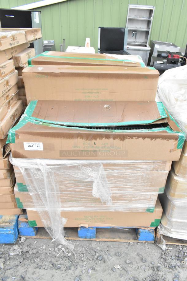 Stack of 12 boxes labeled "Quantum Storage 1836P Wire Shelf," new with scratch and dent, packed on a pallet.