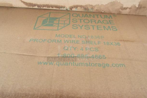 12 new Quantum Storage 1836P wire shelves in original packaging; model number and website on box, slight water damage.