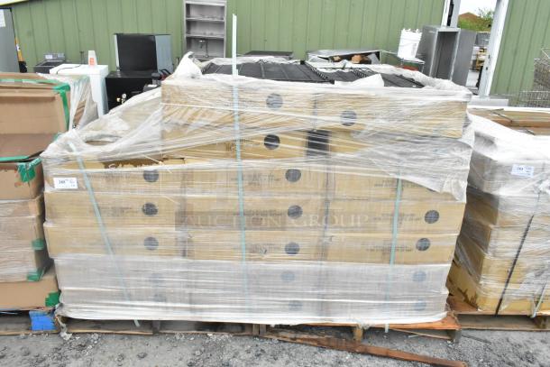 19 boxes of 4 Quantum Storage 2448BK black wire shelves, scratch and dent, new condition, wrapped on a pallet.
