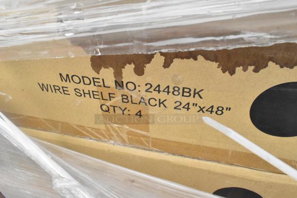 Boxes labeled "Model No: 2448BK, Wire Shelf Black 24"x48", Qty: 4," showing Quantum Storage shelves. Scratch and dent condition.