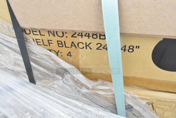 Box labeled "Model No: 2448BK Shelf Black 24x48," containing Quantum Storage wire shelves, plastic-wrapped.