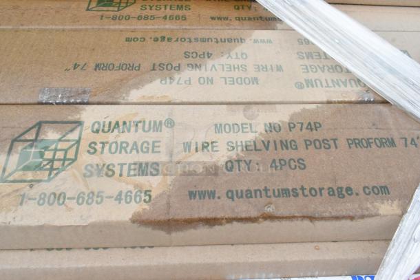 Boxes of Quantum Storage P74P wire shelving posts, 4 pcs per box, scratched and dented, brand new condition, visible water stains.