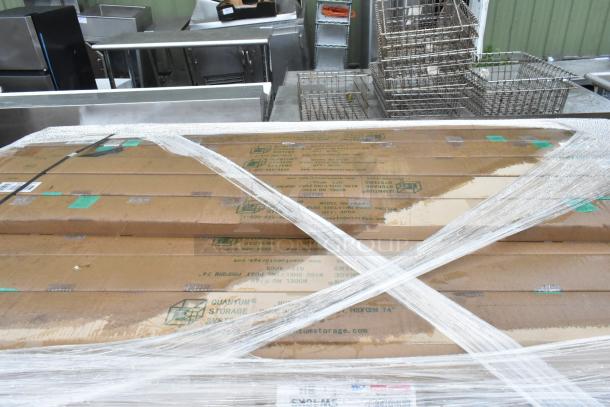32 boxes of Quantum Storage 2448BK black wire shelves, new but with slight scratches and dents, packed with P74P poles.