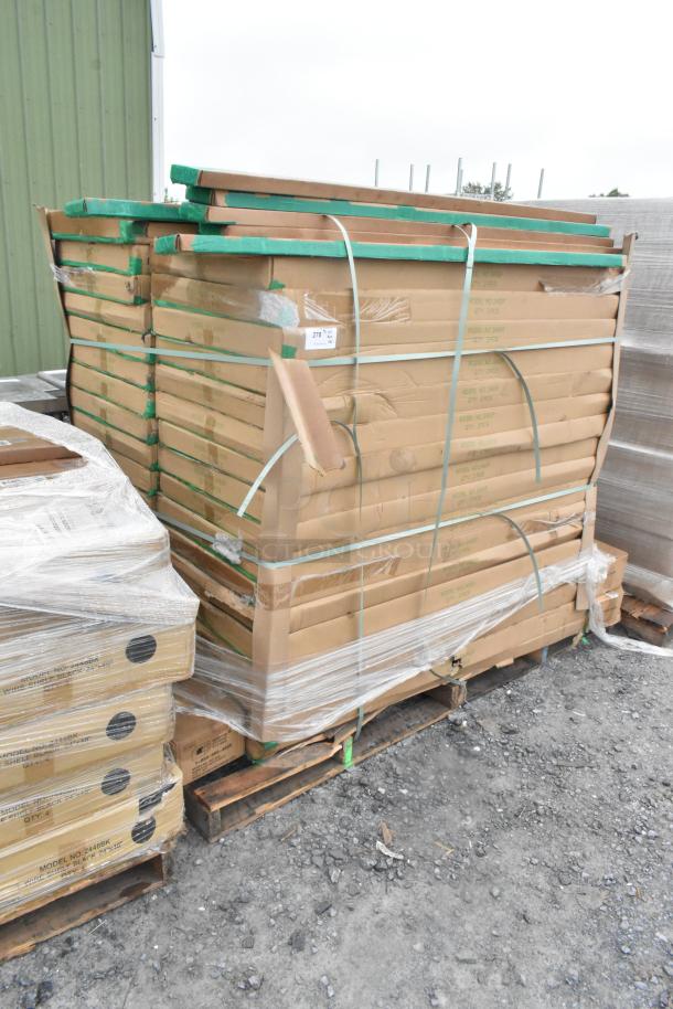 Pallet of 44 brand new, scratch and dent boxes of Quantum Storage 2460P Wire Shelves and P63P Poles, wrapped for auction.