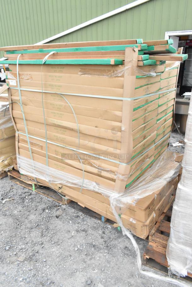 44 new scratch and dent items, including boxes of Quantum Storage 2460P wire shelves and P63P poles on a pallet.